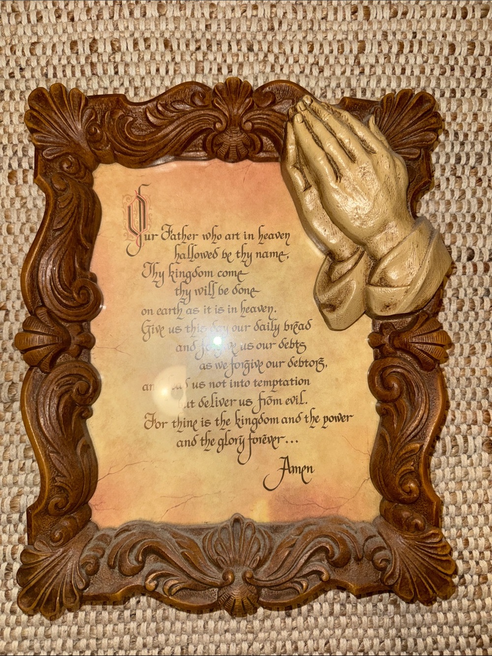 Lords Prayer Wall Art 3D Praying Hands Frame Resin Faux Wood Christian 10x13